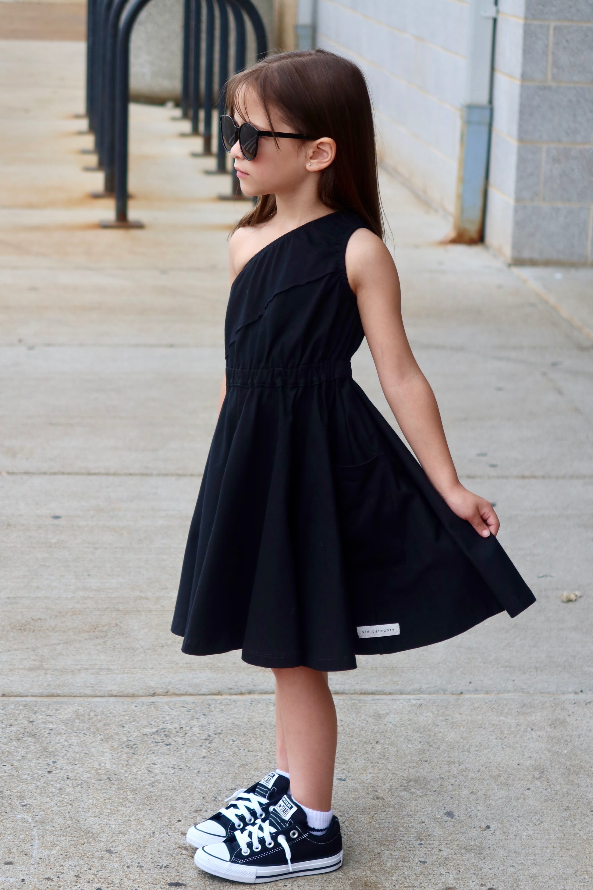 Black One Shoulder Dress with Pockets