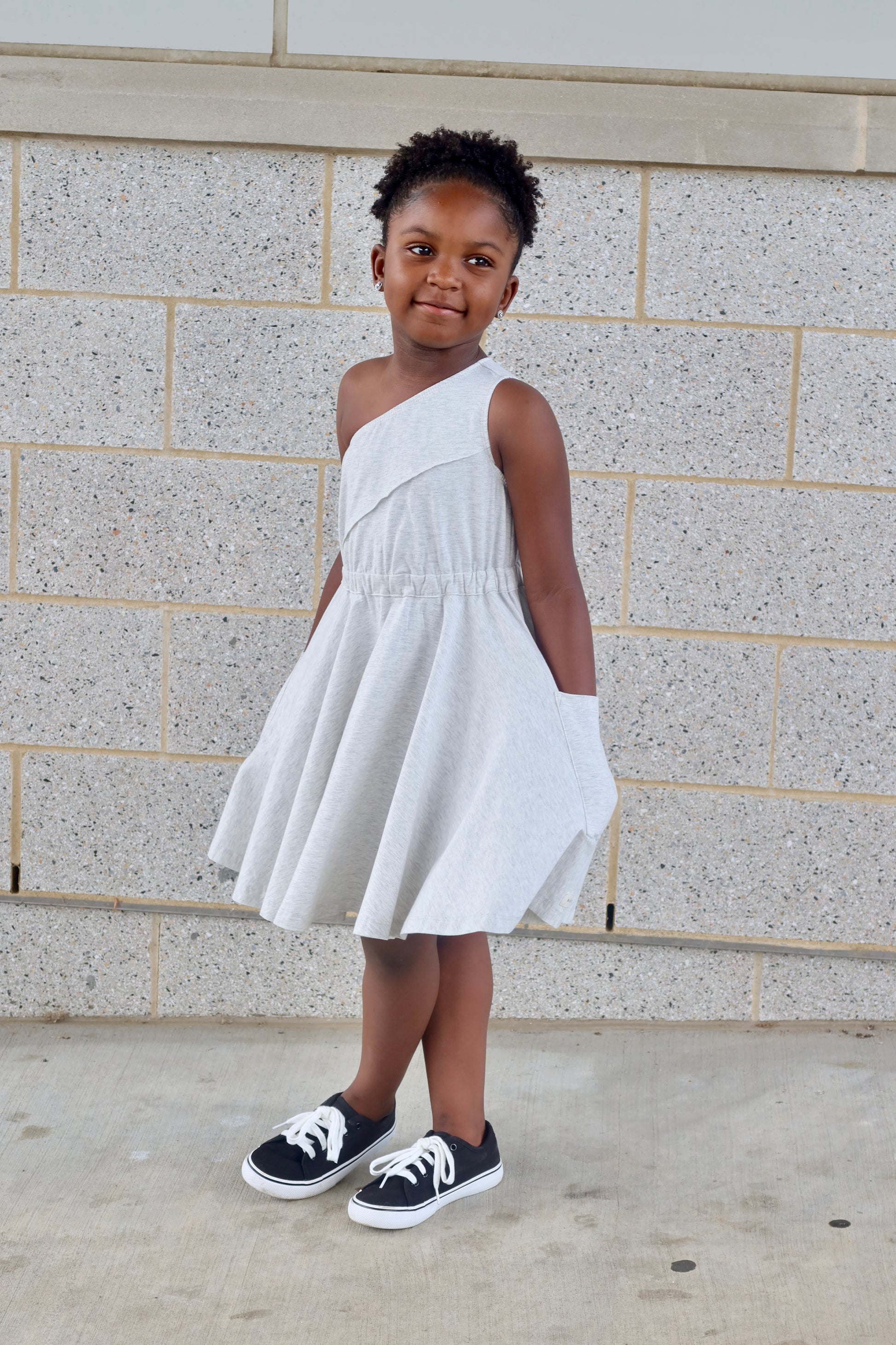 Light Heather Grey One Shoulder Dress with Pockets