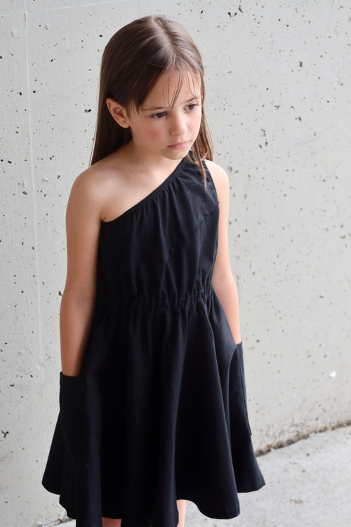 Black One Shoulder Dress with Pockets