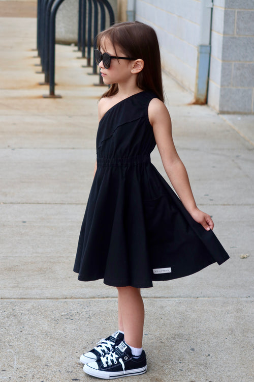 Black One Shoulder Dress with Pockets