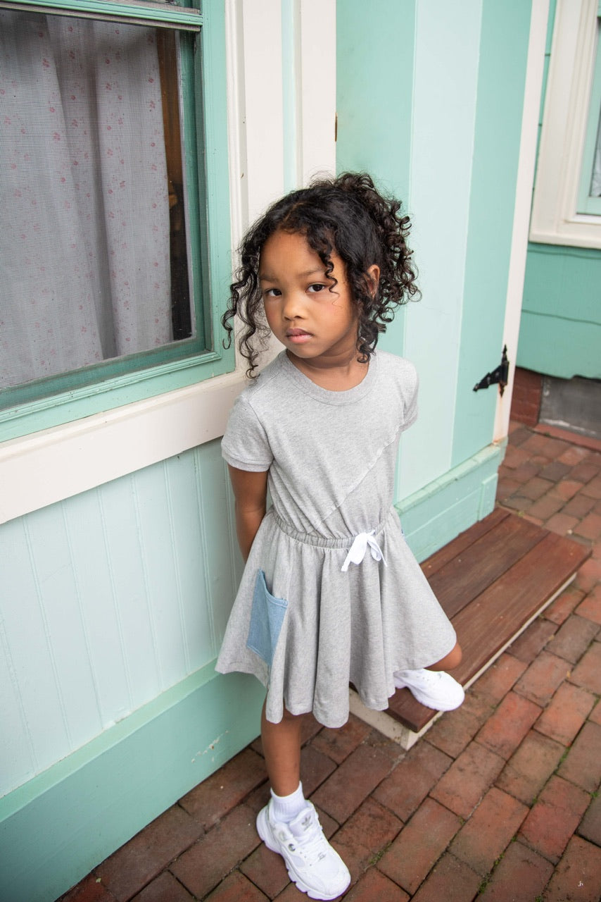 Grey Short Sleeve Dress with Denim Pockets