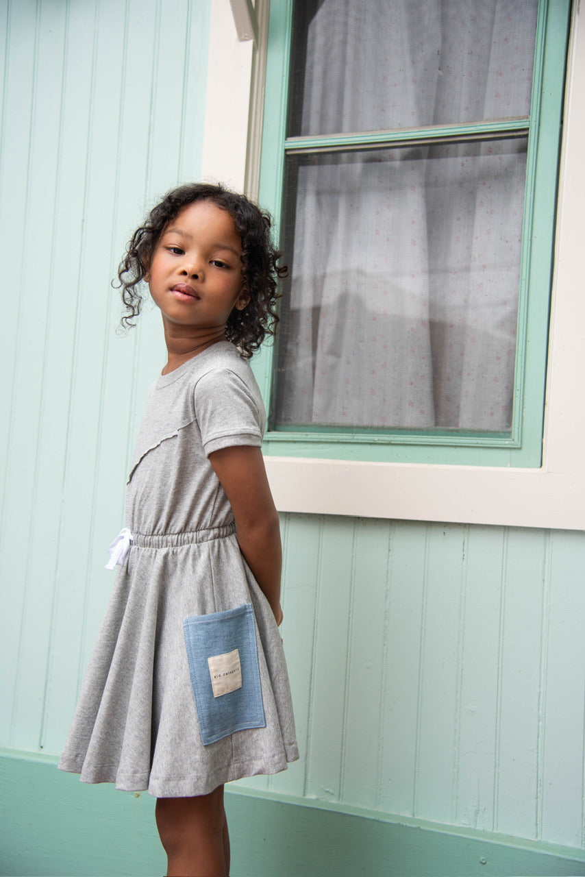 Grey Short Sleeve Dress with Denim Pockets