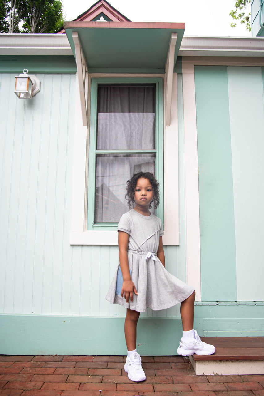 Grey Short Sleeve Dress with Denim Pockets