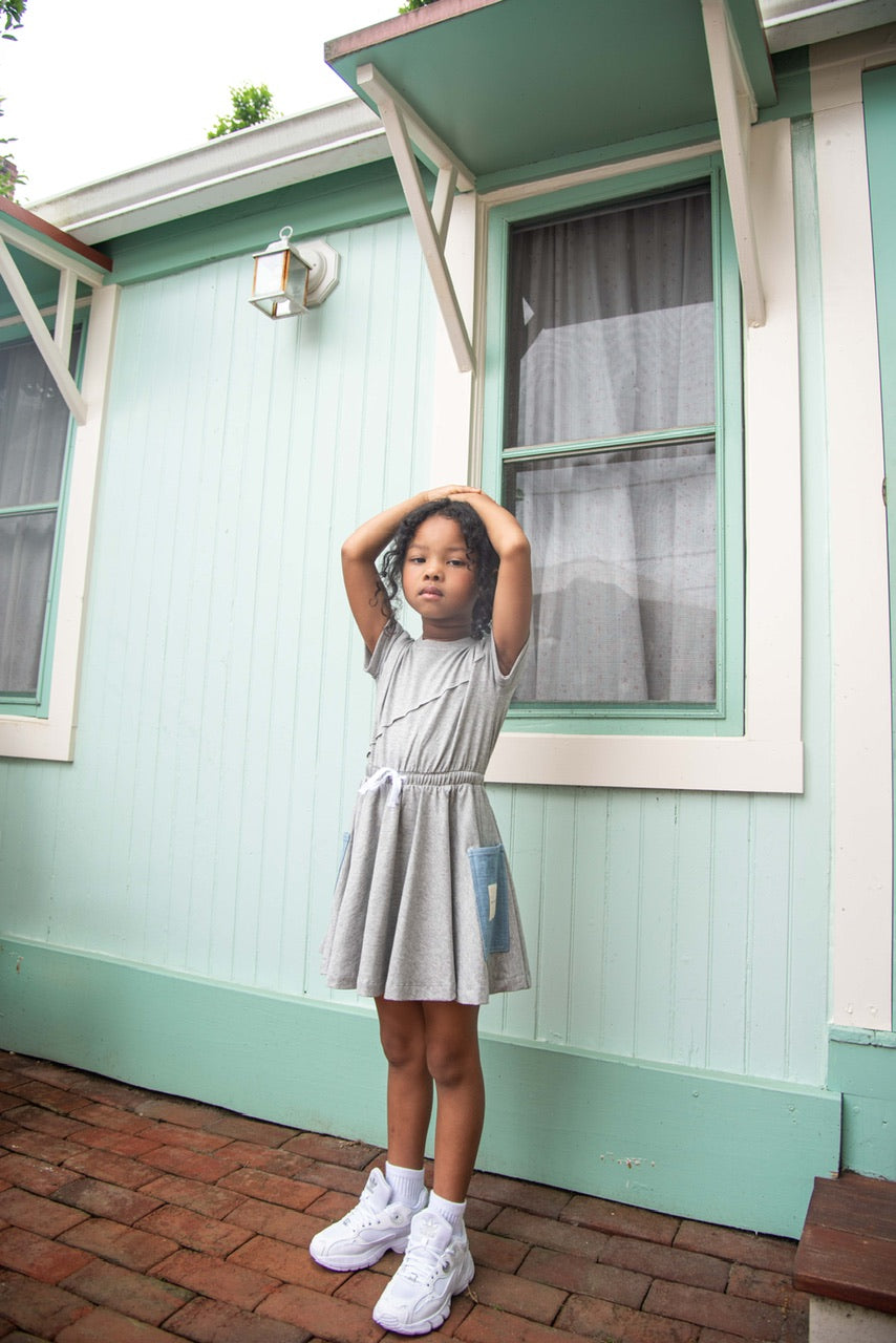 Grey Short Sleeve Dress with Denim Pockets