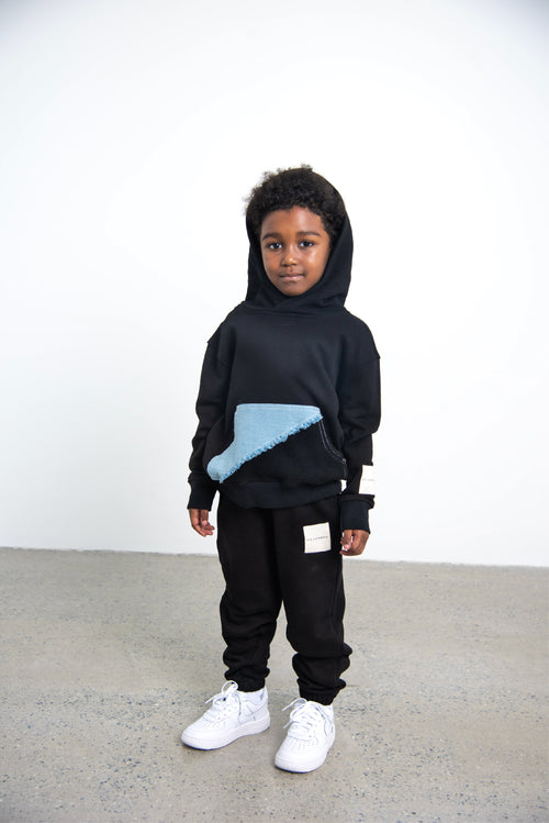 Black Hoodie with Denim Pockets