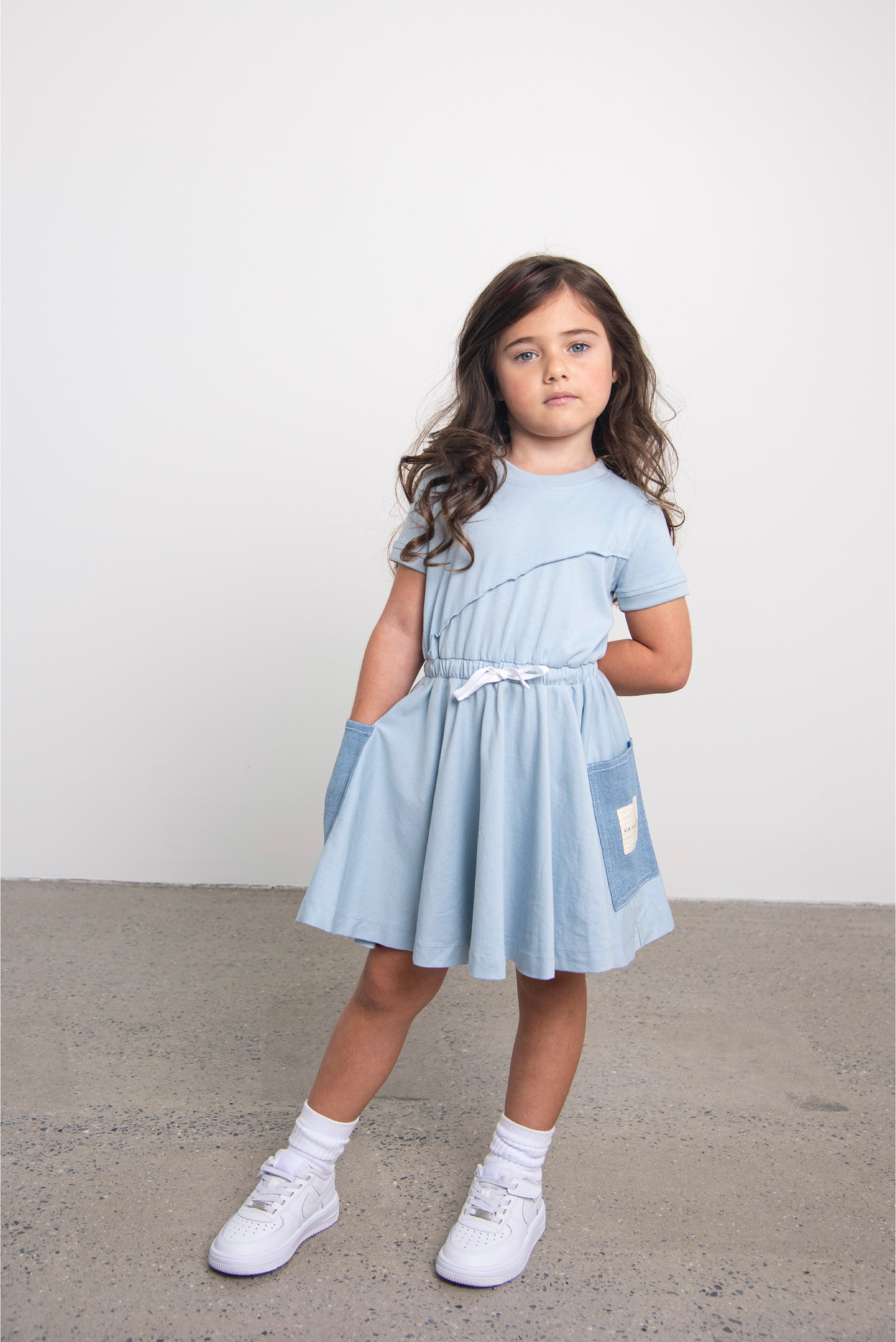 Blue Short Sleeve Dress with Denim Pockets