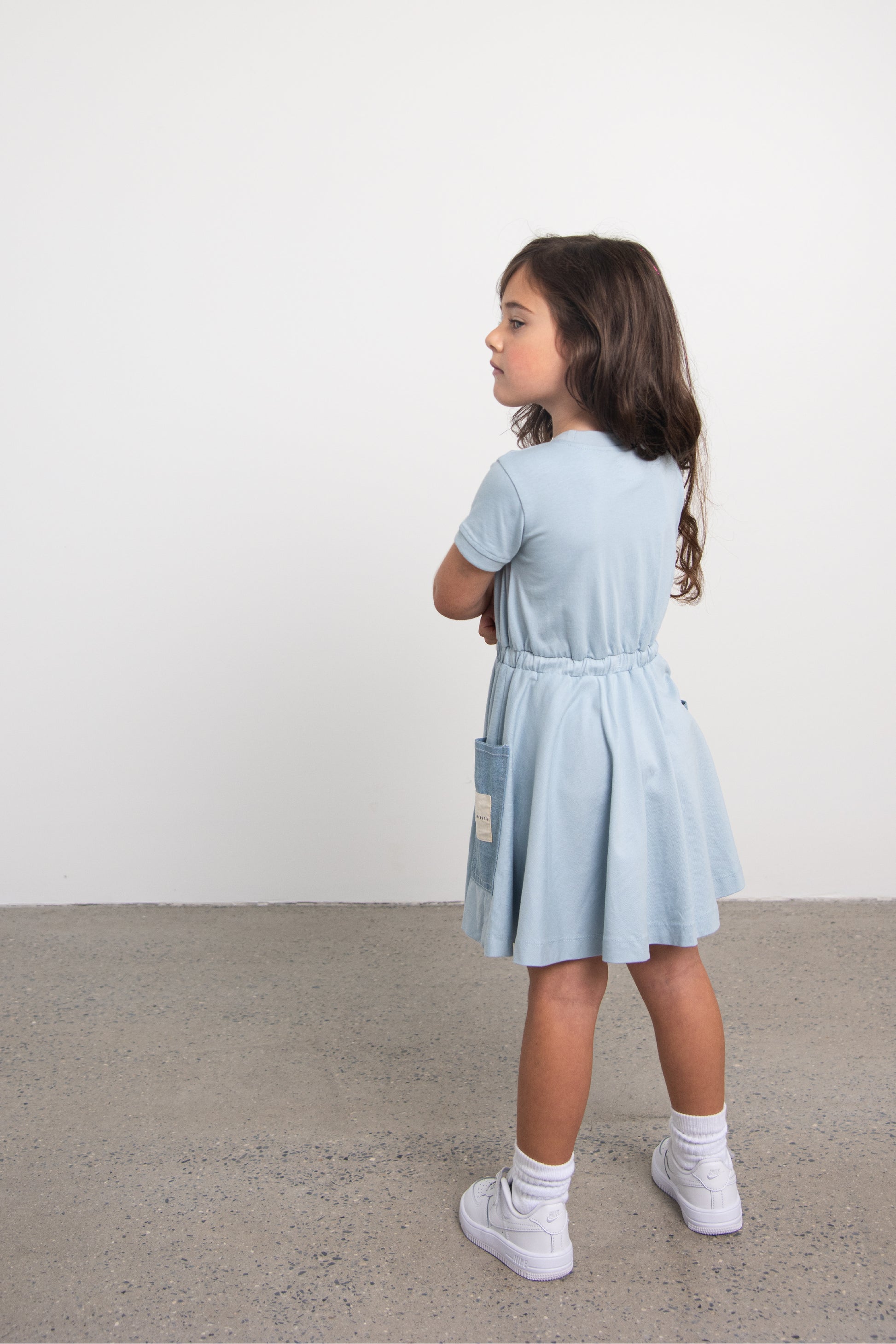 Blue Short Sleeve Dress with Denim Pockets