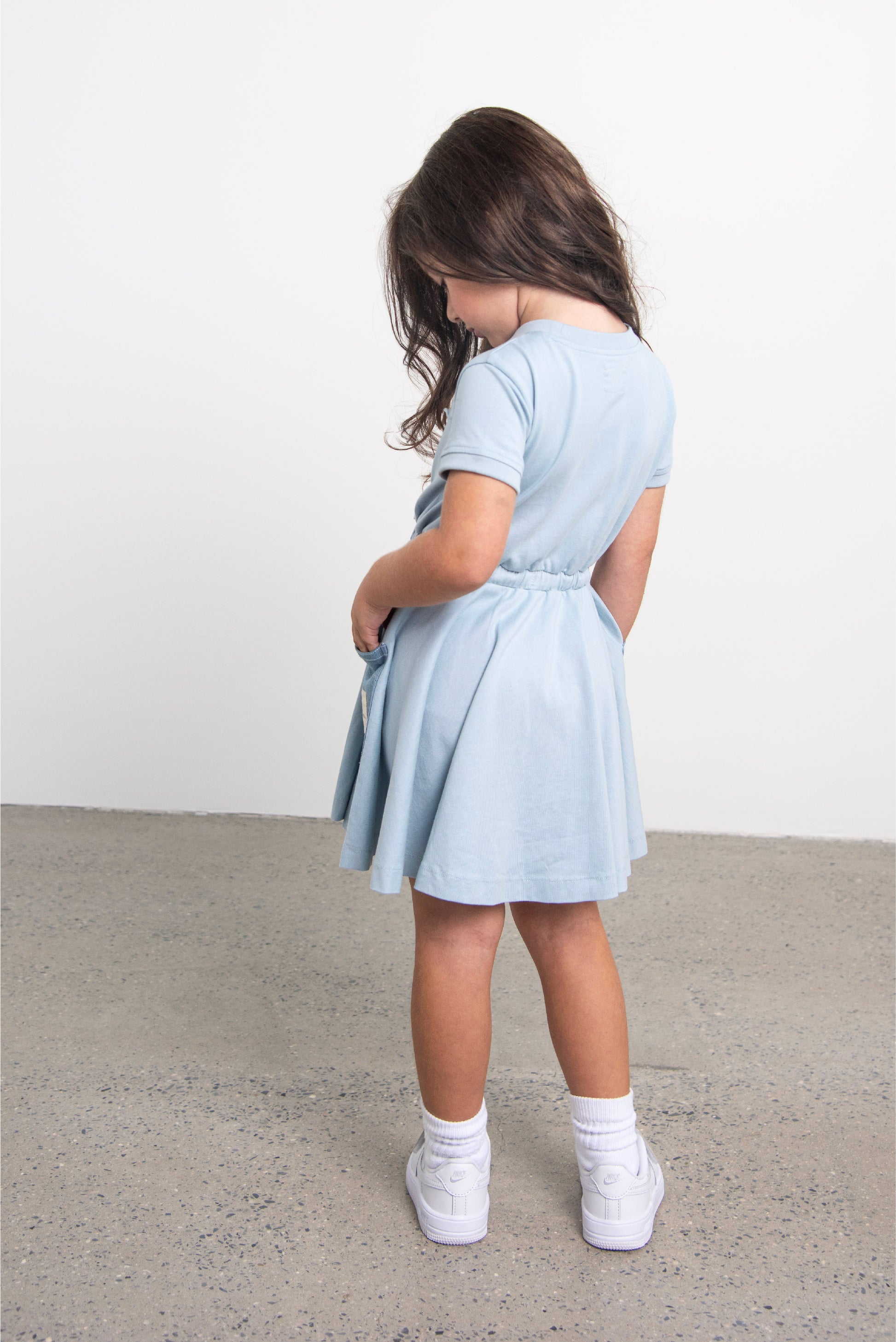 Blue Short Sleeve Dress with Denim Pockets