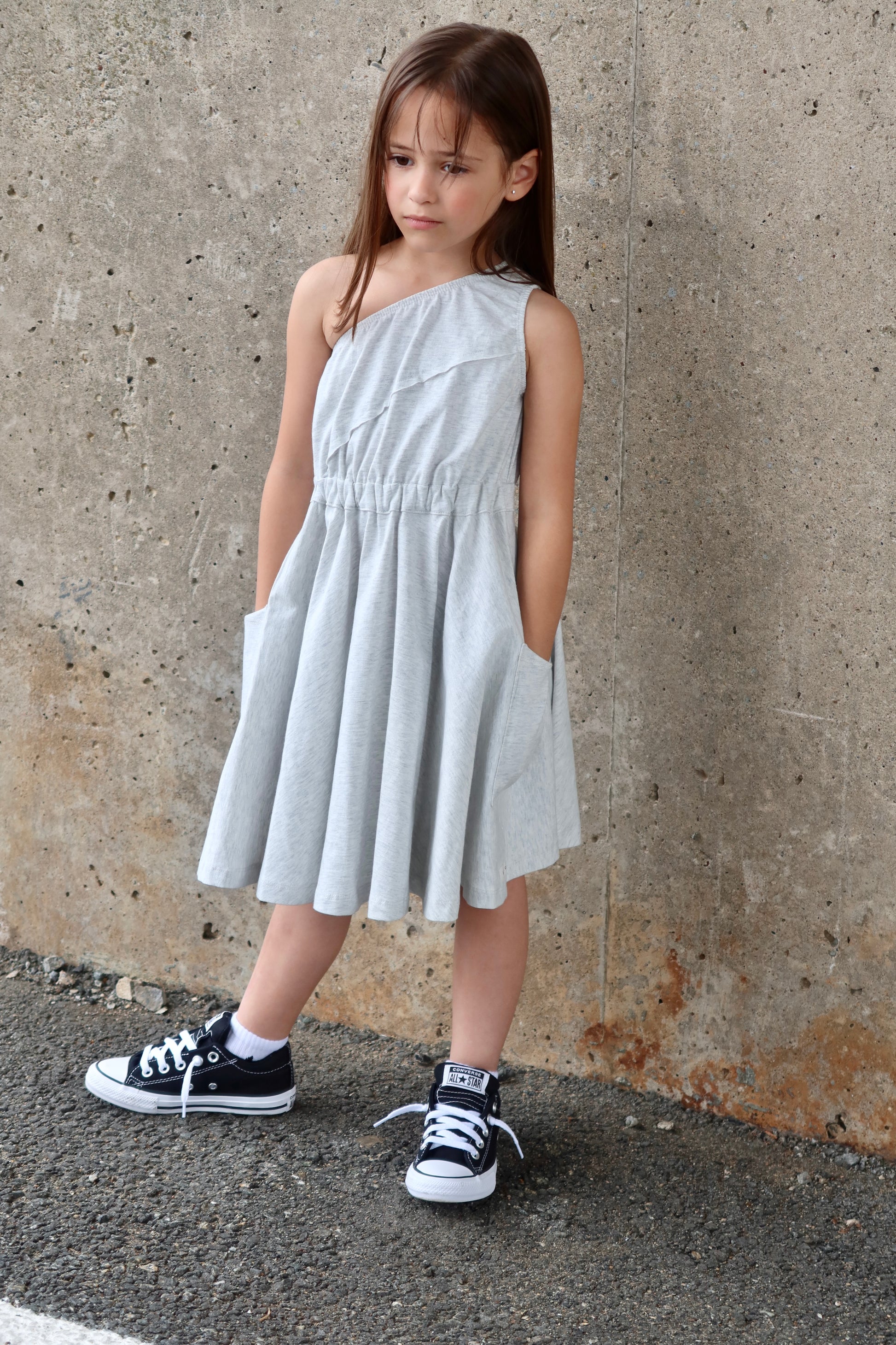 Light Heather Grey One Shoulder Dress with Pockets