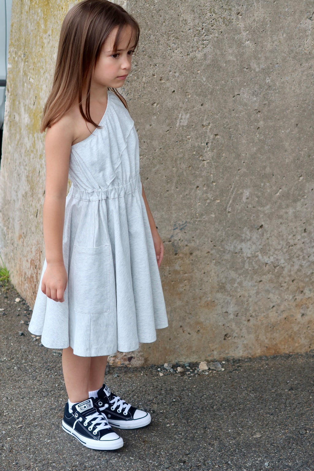 Light Heather Grey One Shoulder Dress with Pockets – k i d . c a t e g o r y Light Heather Grey One Shoulder Dress with Pockets – k i d . c a t e g o r y