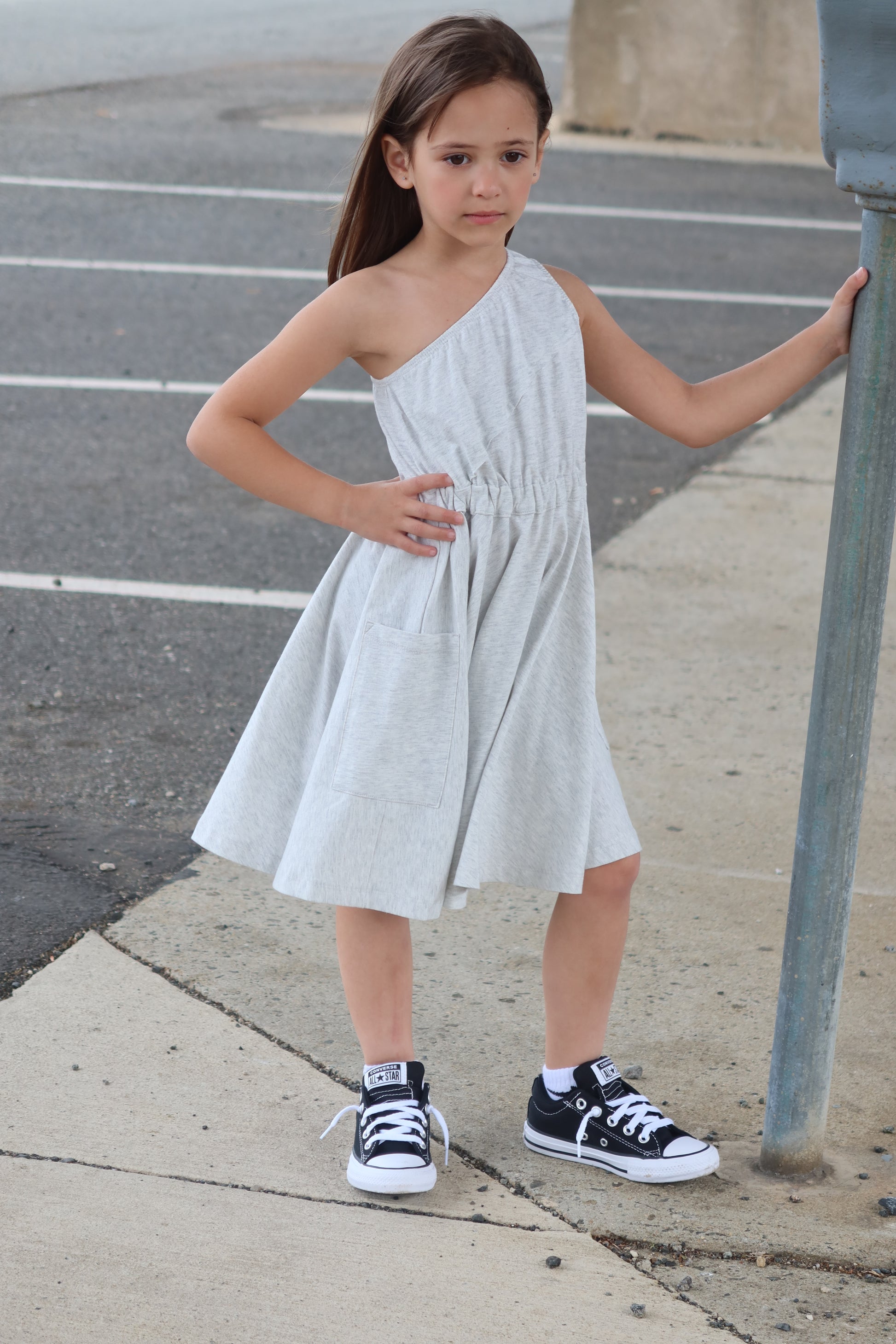 Light Heather Grey One Shoulder Dress with Pockets