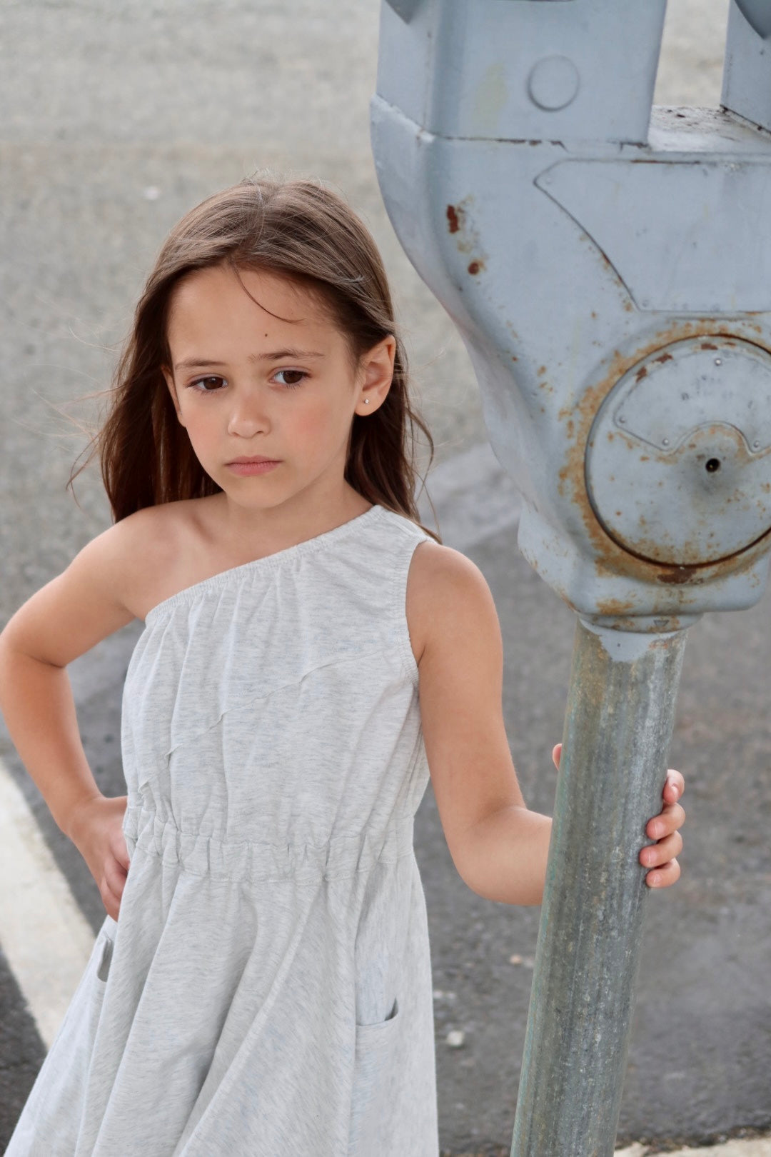 Light Heather Grey One Shoulder Dress with Pockets