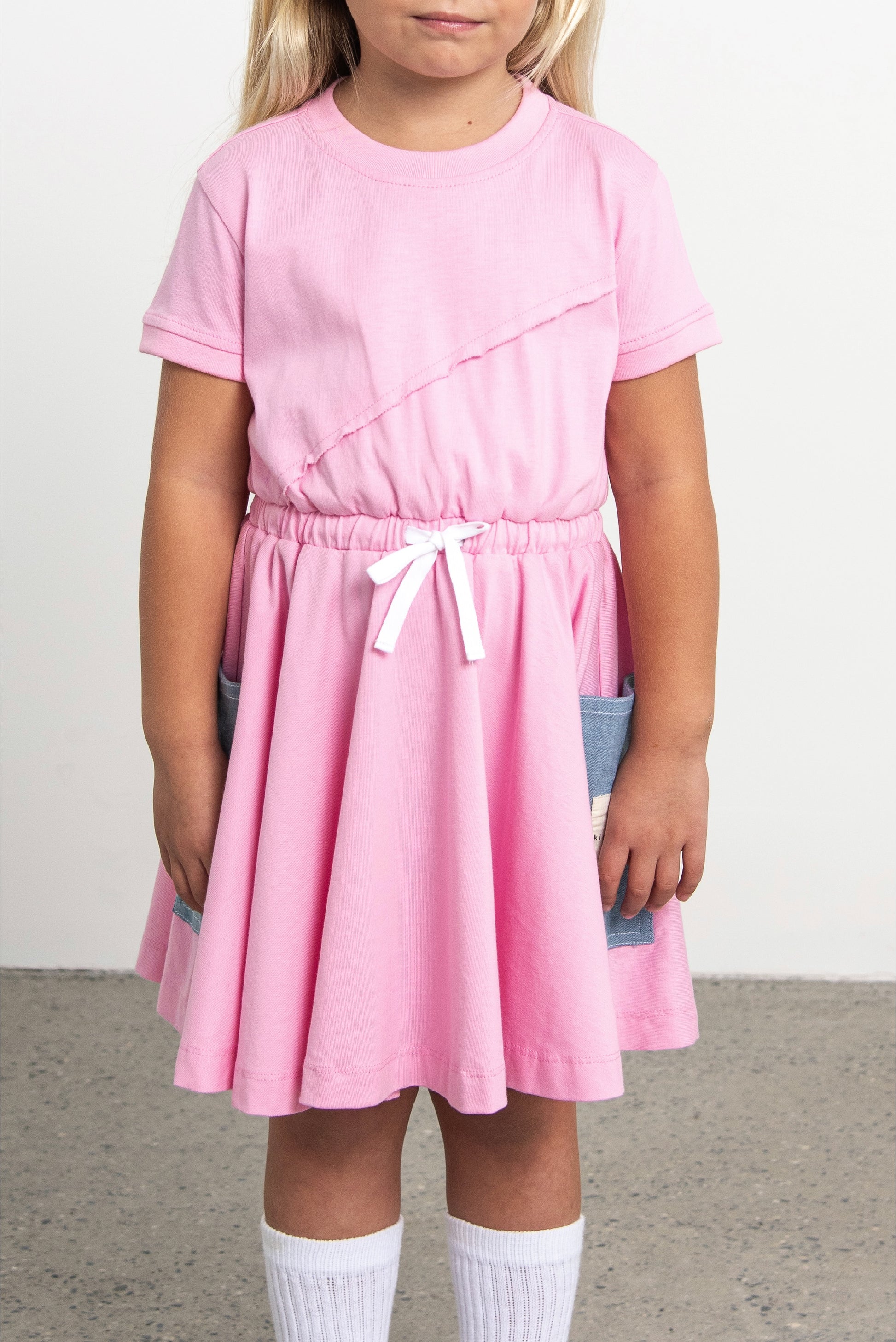 Pink Short Sleeve Dress with Denim Pockets