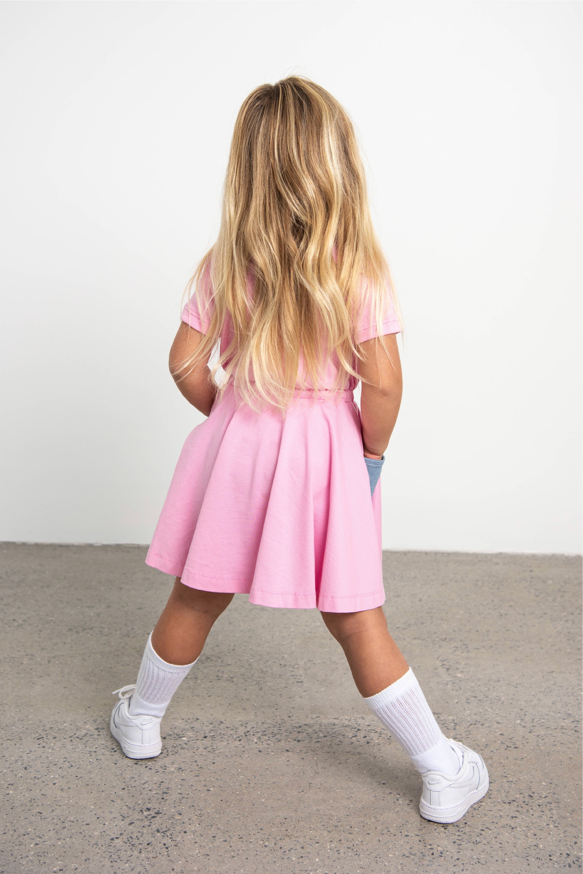 Pink Short Sleeve Dress with Denim Pockets
