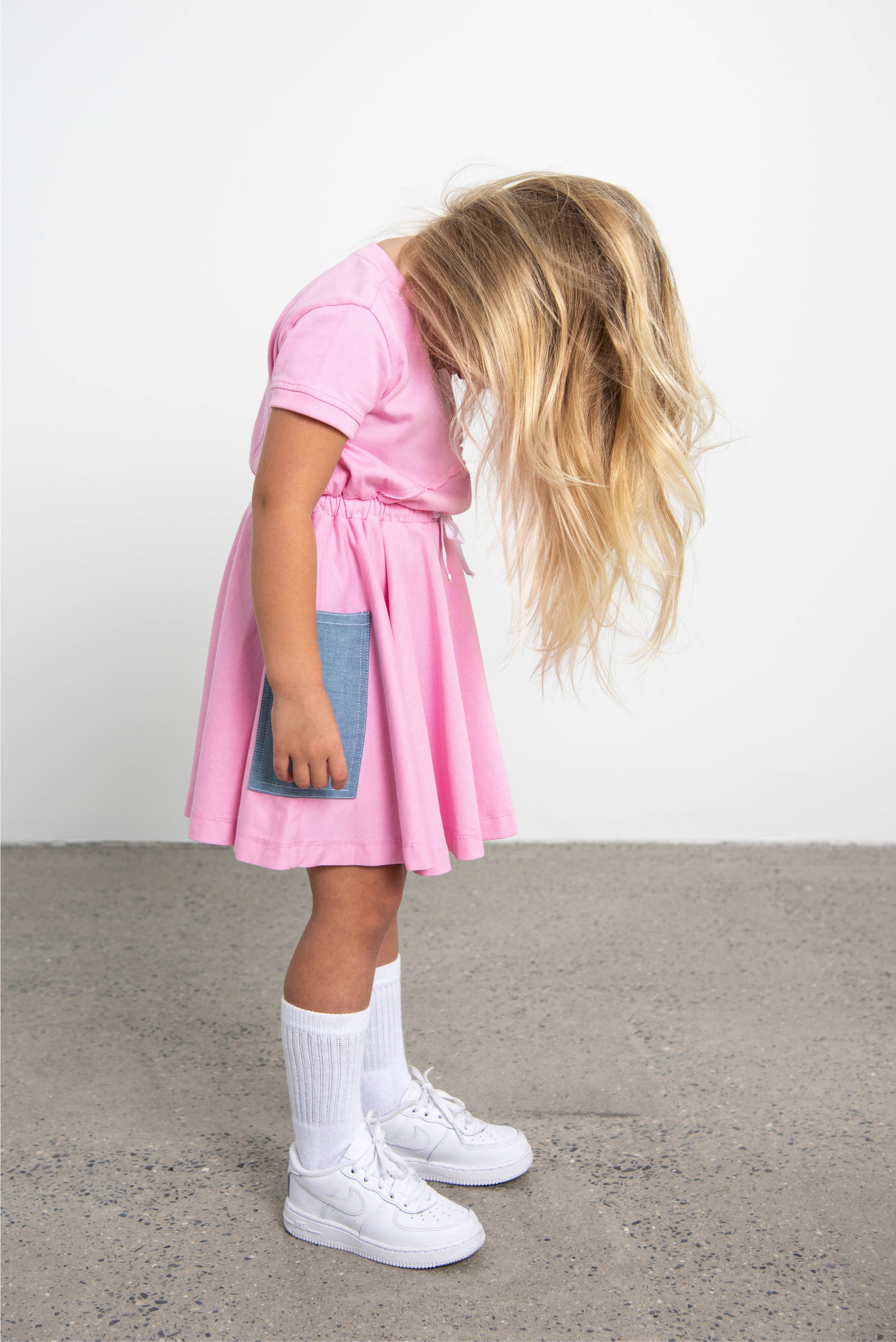 Pink Short Sleeve Dress with Denim Pockets