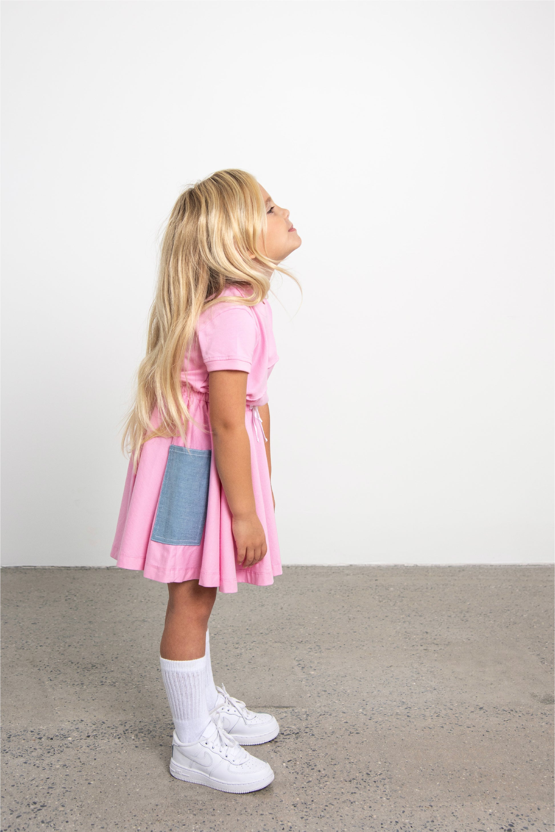 Pink Short Sleeve Dress with Denim Pockets