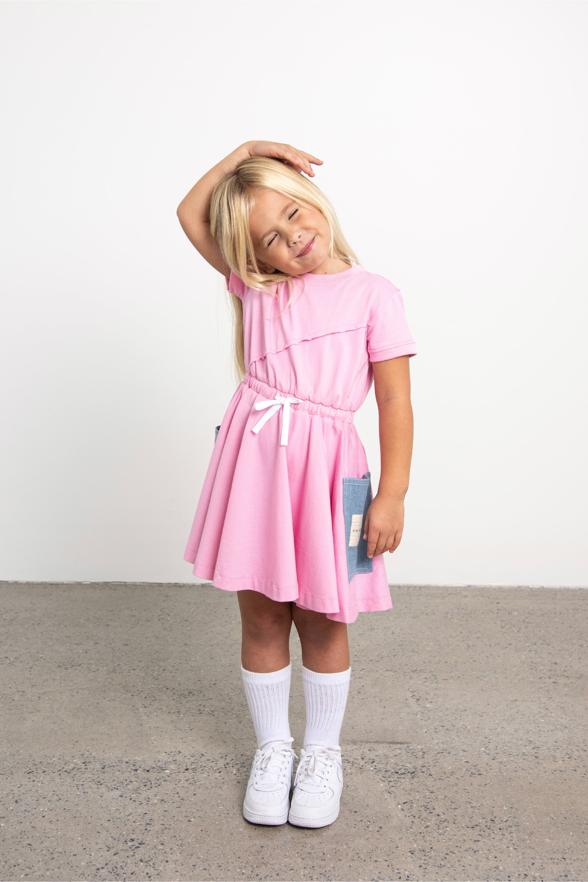 Pink Short Sleeve Dress with Denim Pockets