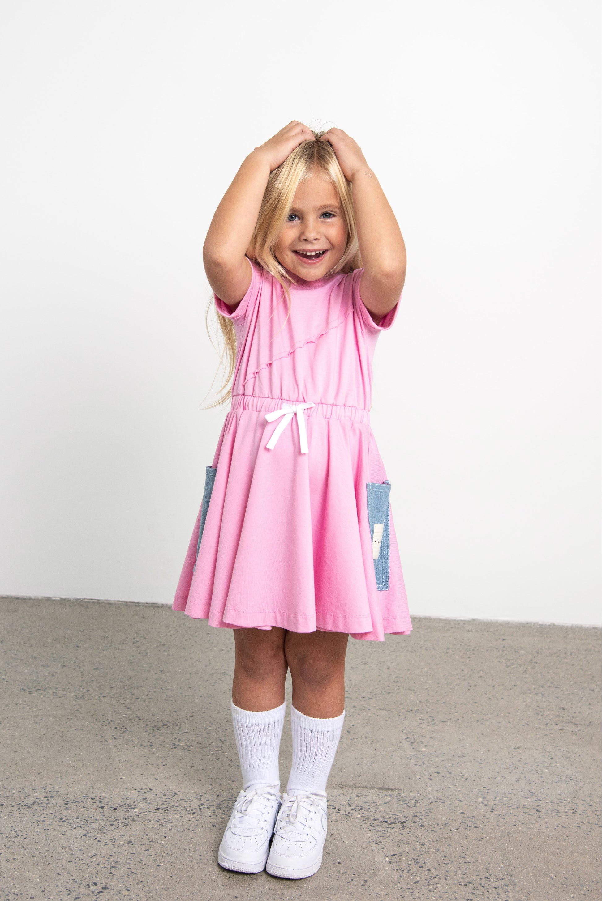 Pink Short Sleeve Dress with Denim Pockets