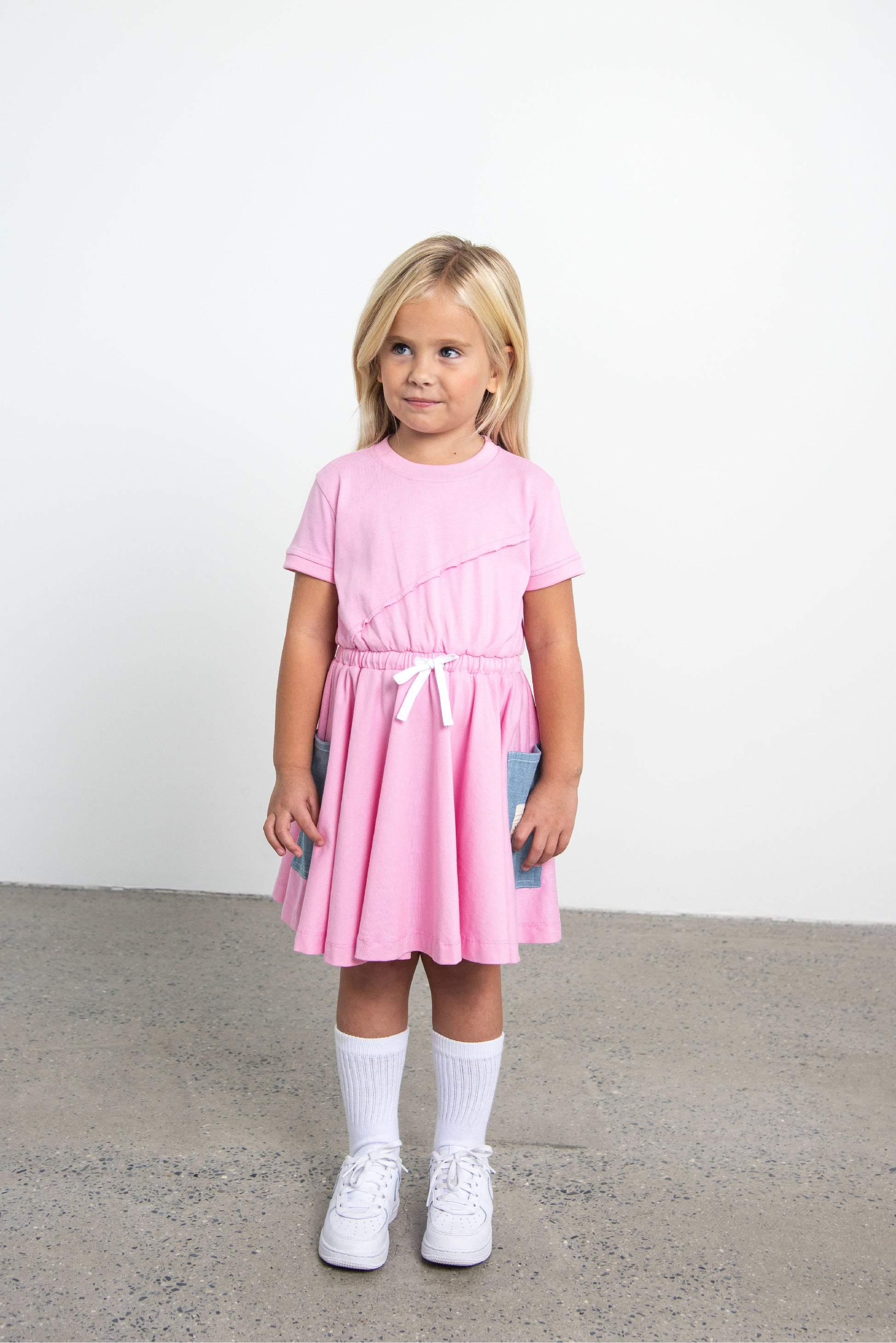 Pink Short Sleeve Dress with Denim Pockets