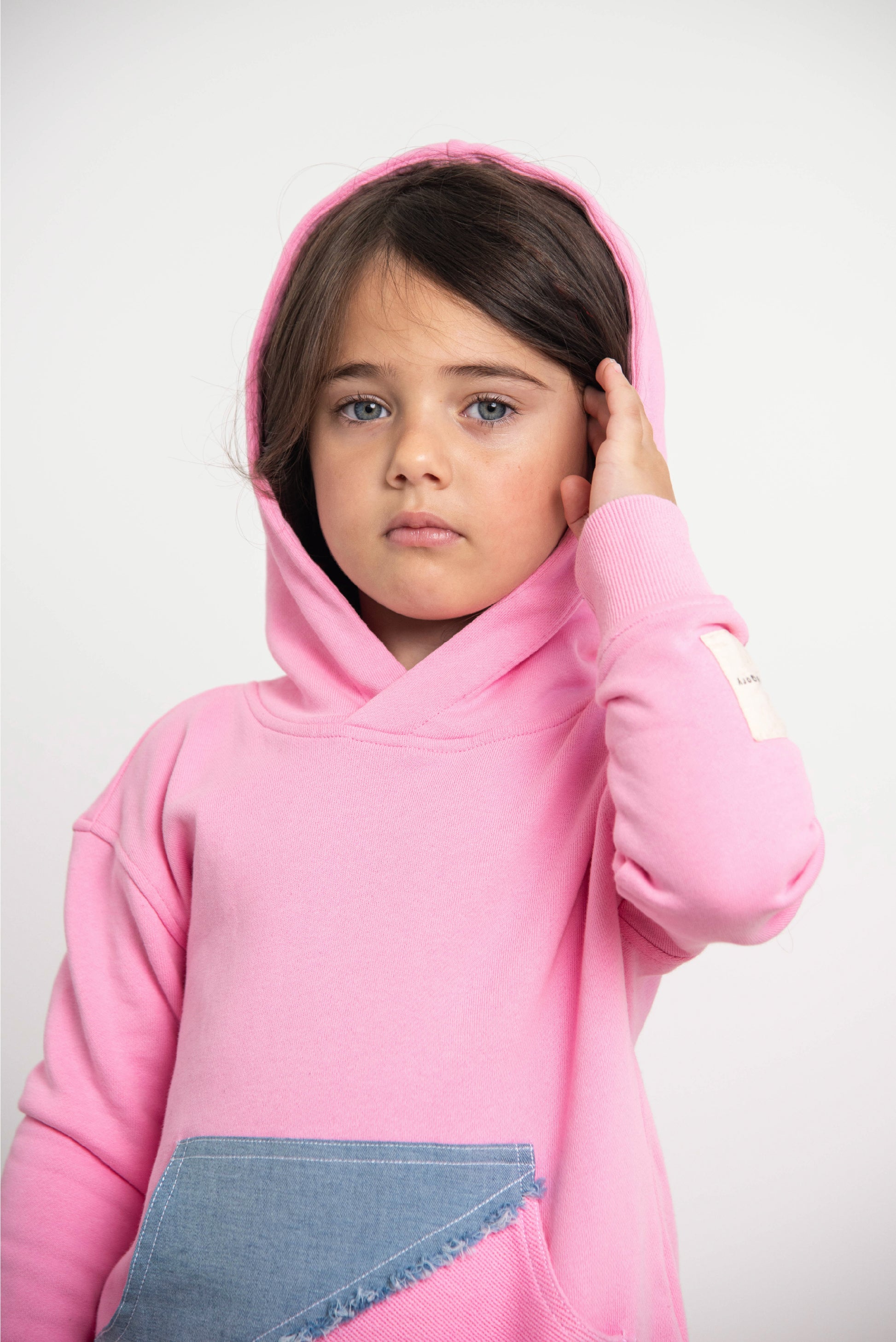 Pink Grey Hoodie with Denim Pocket