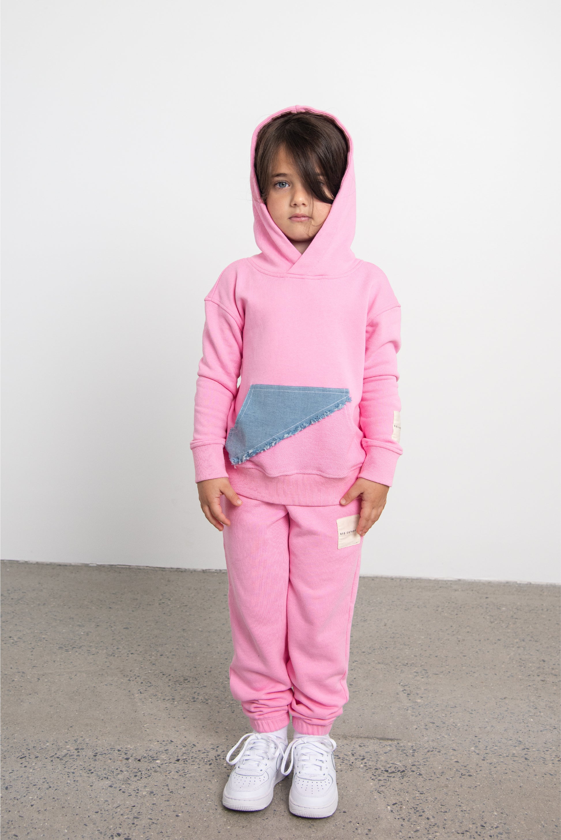 Pink Grey Hoodie with Denim Pocket