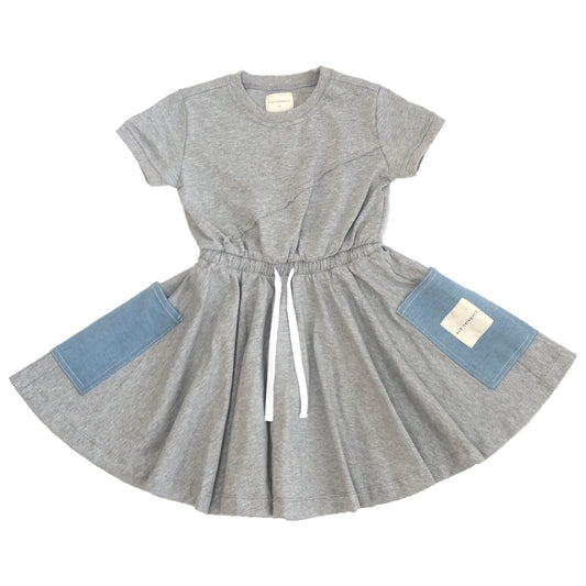 Grey Short Sleeve Dress with Denim Pockets