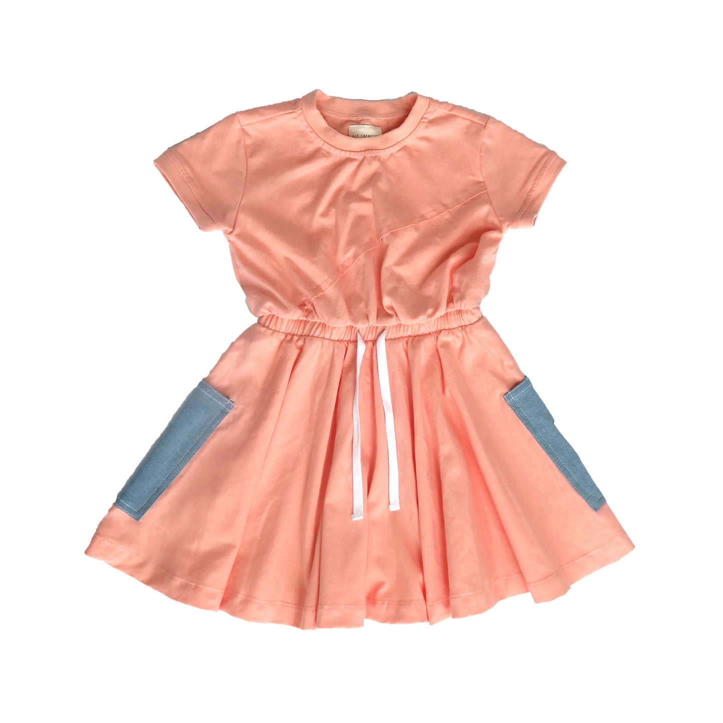 Peach Short Sleeve Dress with Denim Pockets